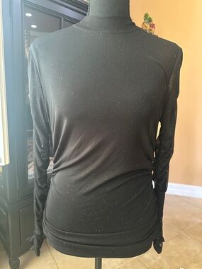 BEBE Black Sparkle Long-Sleeve Mesh, Mock Neck Top